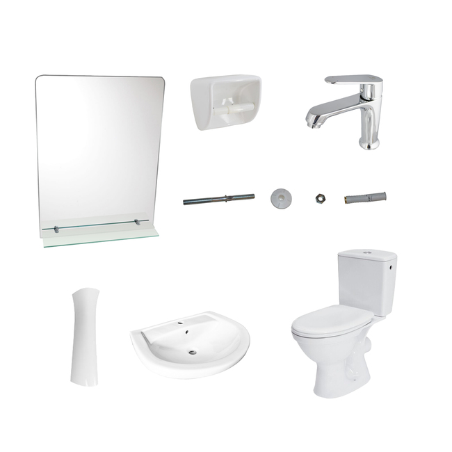 Set baie wc complet, rezervor ceramic, lavoar cu piedestal, oglinda, suport hartie igienica si baterie lavoar