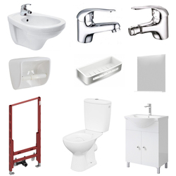 Set baie wc complet, rezervor ceramic, bideu, suport hartie igienica, etajera, mobilier + baterii lavoar si bideu