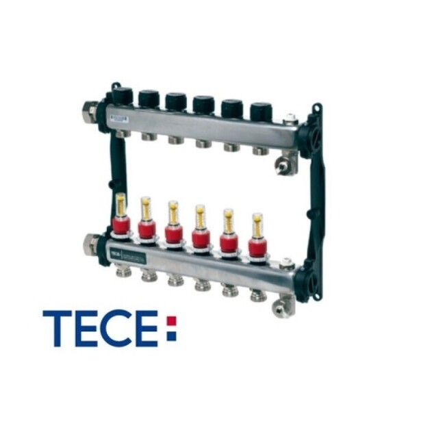Distribuitor TECEfloor SLQ RECTANGULAR otel inox, cu debitmetre, complet echipat 10 cai x 3/4" x 1"